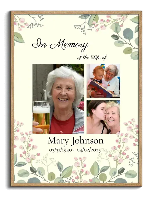 Framed memorial picture with a floral border: a portrait and two small photos of shared memories, a name, and birth and death dates in a natural wood frame
